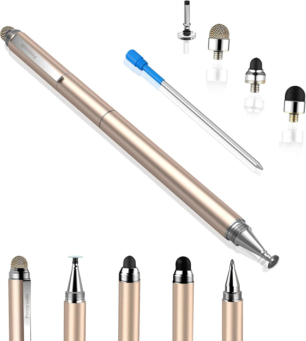 Penyeah Stylus pens for Touch Screens - [4-in-1] High Sensitivity and Precision Touch Screen Stylus Disc Tip,Black Rubber Tip & Mesh Fiber Tip Universal for All Capacitive Touch Screen Device (Gold)