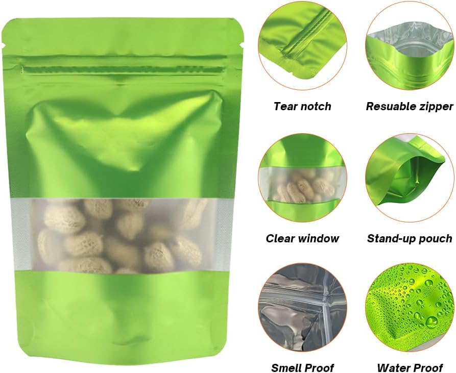 4CP 100 Pcs Green Zipper Smell Proof Bags with Window, 7.0x10.5 Inch Stand Up Foil Pouches for Food Selfsealing Storage, Reusable Bag for Packaging Small Business, Cookies, Nunt, Candy