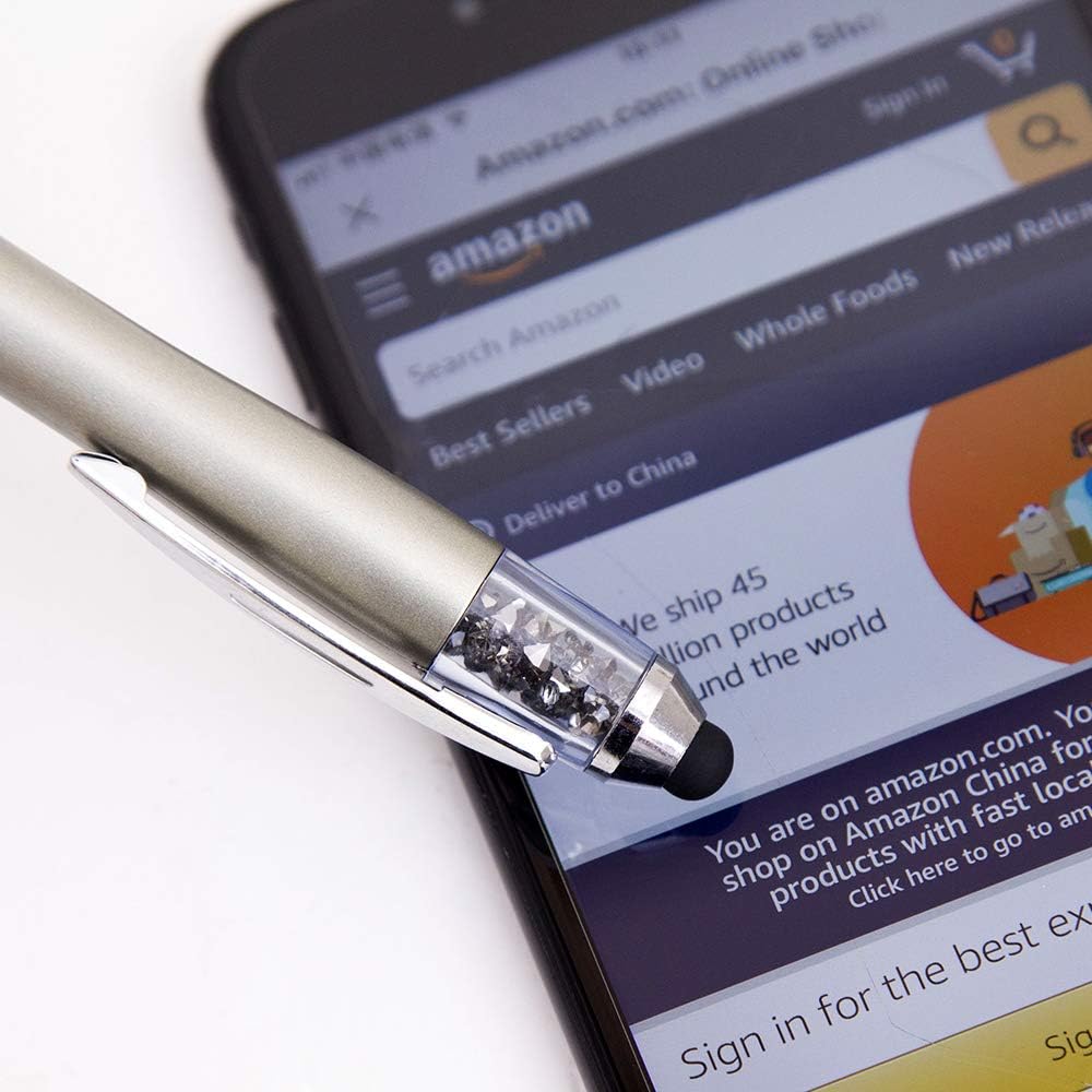 Stylus Pens for Touch Screens Medium Point Pens with Crystals for Women and Kids Black Ink Pen with Stylus Ballpoint Pens with Comfort Grip for The iPad, 5-Pack