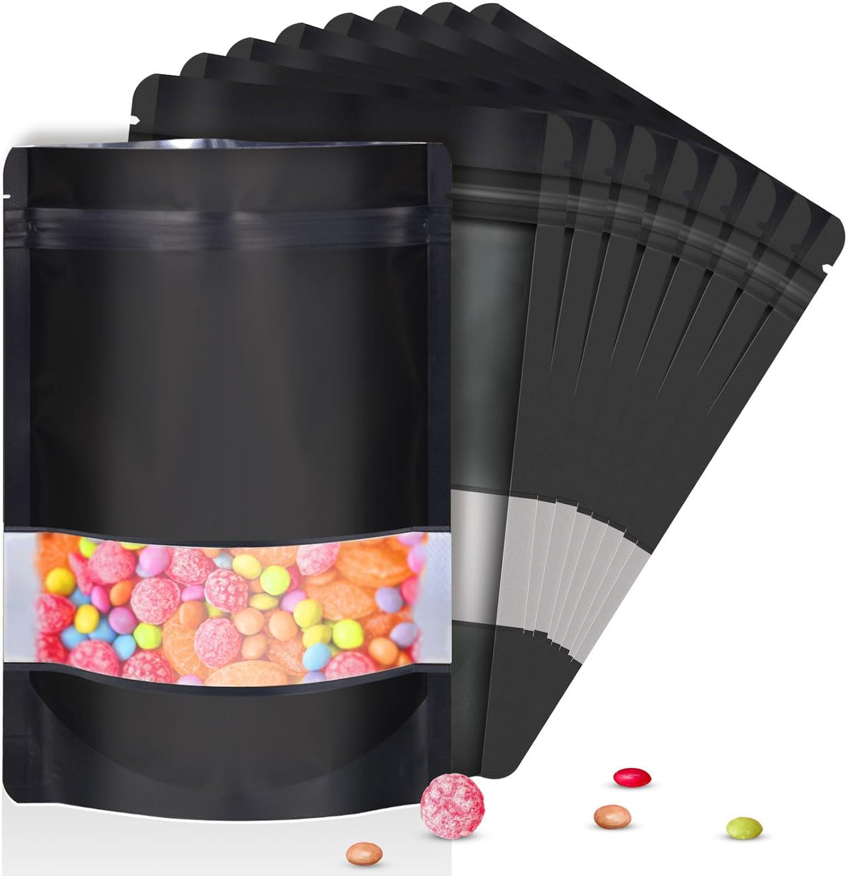 5.5"x7.8" 120pcs Mylar Bags for Food Storage,Smell Proof Bag with Matte Window Resealable Food Storage Bags for Small Business, Stand-up Foil Pouch Packaging Freeze Dried Candy Bag(Black)