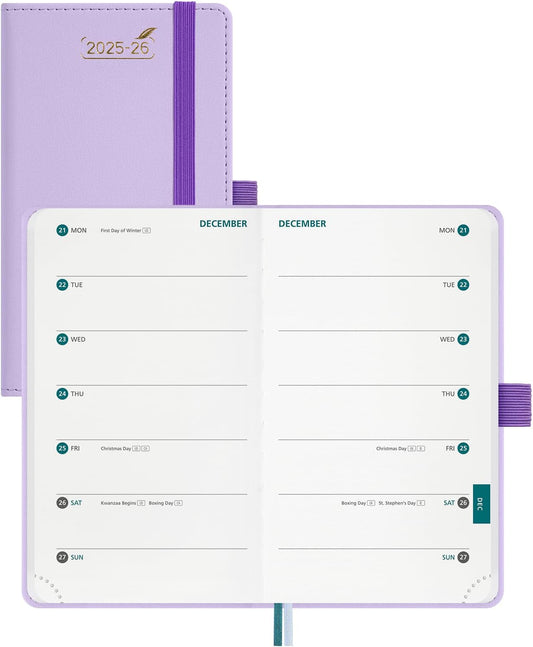BEZEND Pocket Planner 2025-2026 Weekly with 2 Columns, 18-Month Academic Calendar (Jul 25-Dec 26), Life Work Appointment, Storage Pocket, Pen Holder, PU Leather Hardcover 3.5" x 6" - Lilac