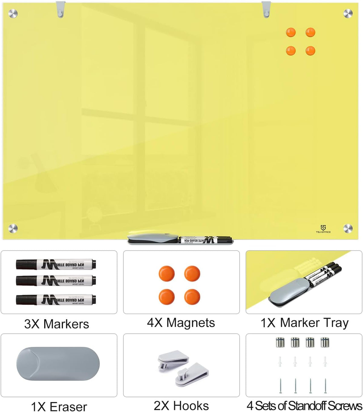 TSJ OFFICE Glass Dry-Erase Board - 36 x 24 Inches Wall Mounted Magnetic Whiteboard, Large Frameless Glass White Board for Office, Home & School, Yellow