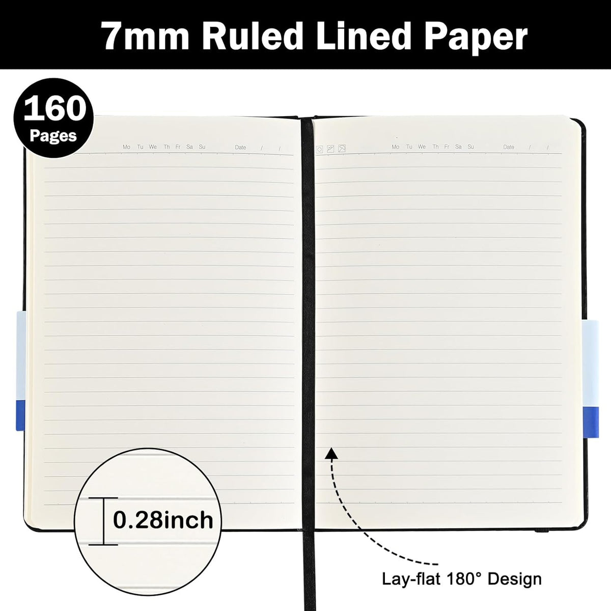 Lined Journal Notebooks, 4 Pack 160 Pages, 5.5x 8.2-Inch Journals for Women Men, Hardcover Notebook with 100 gsm Thick Paper, A5 Size College Ruled Notebook for Writing/Travel/Work (Black)