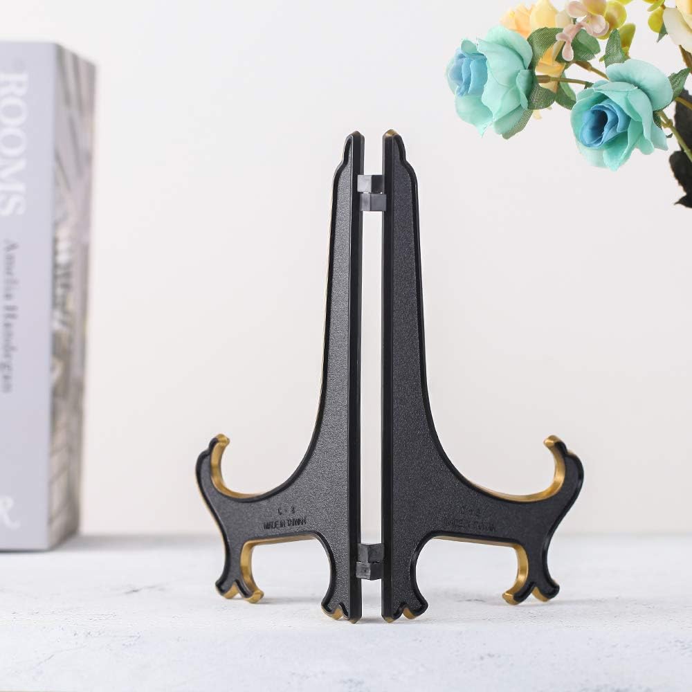 Artliving 8 Inch Plate Display Stand - Adjustable Easel Holder for Decorative Plates, Pictures, Cookbooks - Black Gold Tabletop Stands with Foldable Design - 2 Pack