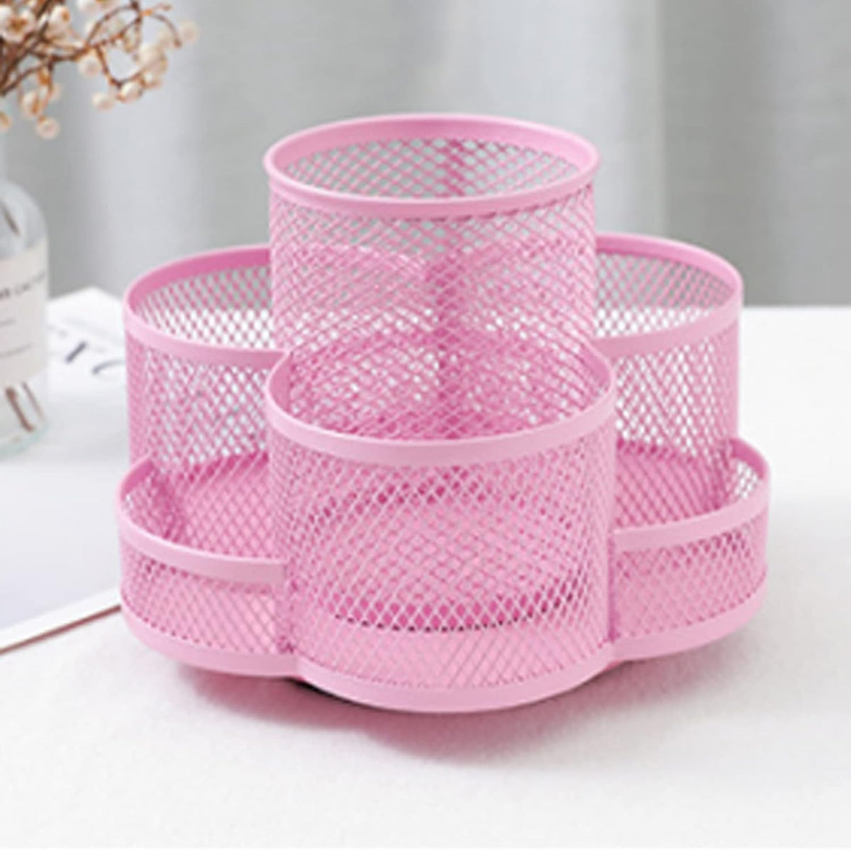 360 Rotatable Metal Mesh Desktop Pen Holder Pencil Holder Pencil Organizer Stationery Organizer Pen Pot Makeup Brush Organizer for Home School Office (Pink)