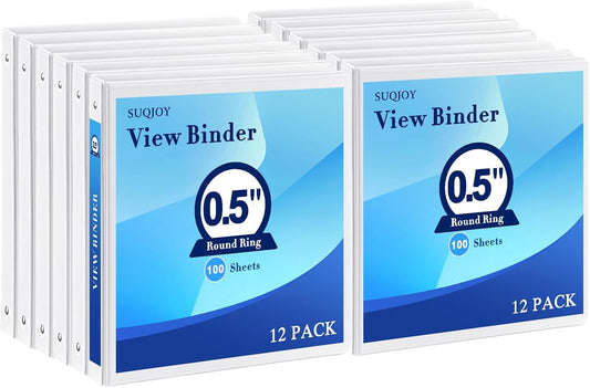 1/2 Inch 3-Ring Binder, 0.5-inch Round Ring Binder with 2 Inside Pockets, 12 Pack White Binders, Clear View CoverBinder Holds 8.5'' x 11''Paper for Office/Home/Back to School