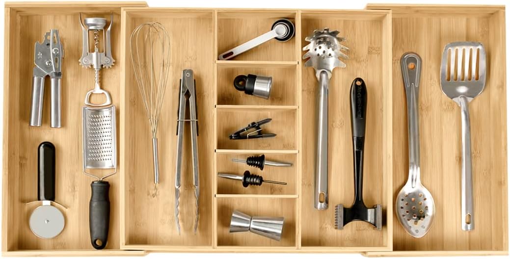 Adjustable Kitchen Drawer Organizer for Utensils and Junk, Food-Safe Contract Grade with 100% Sustainable Wood, Expandable from 19 to 33 Inches Wide - Natural Bamboo