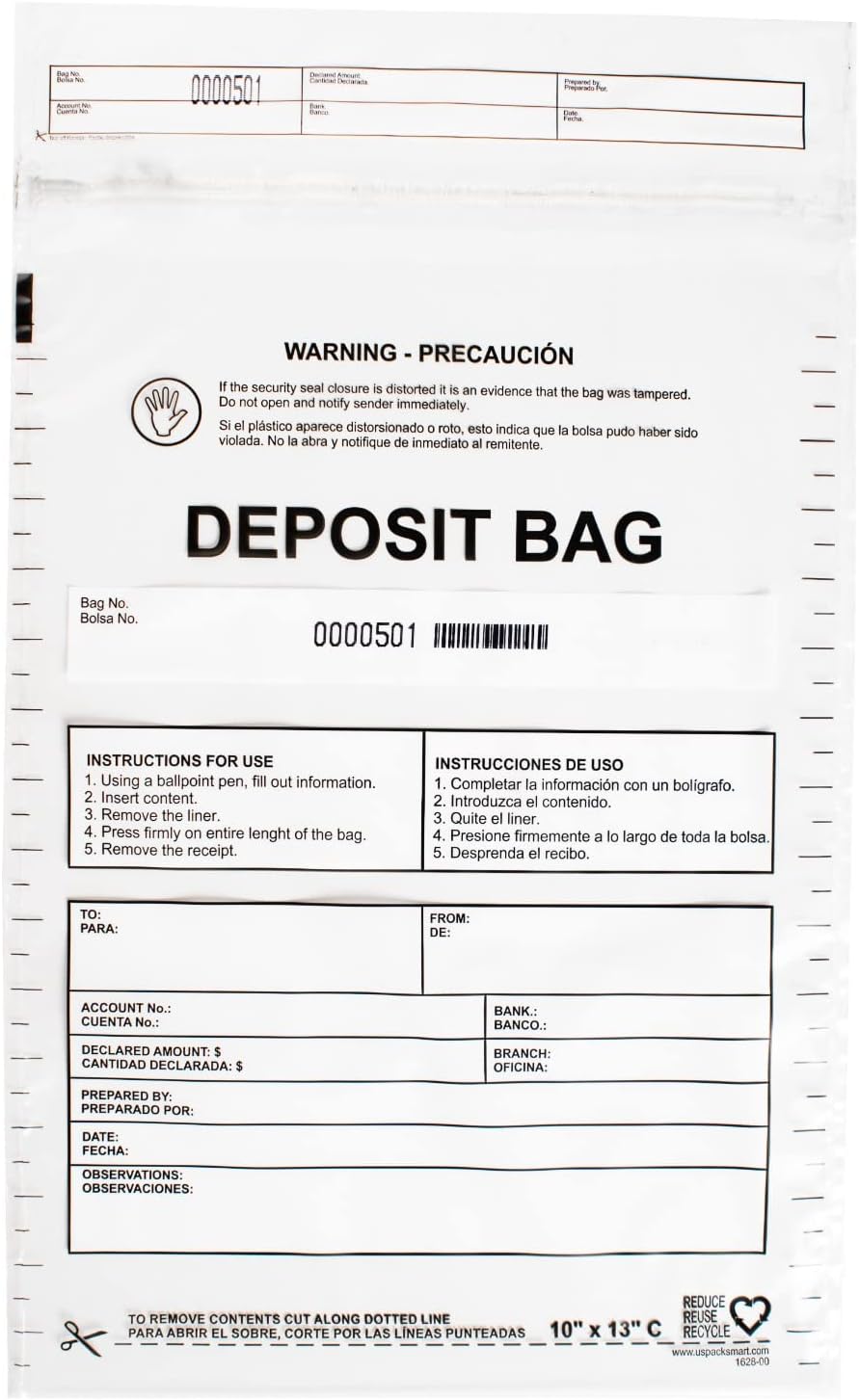 Clear Plastic Deposit Bags 10"x13" | Secure Bank Deposits, Cash Handling or Safe Currency Transportation | Sequential Barcodes | Tamper-Evident | Tear-Off Receipt for Security | 100-Pack