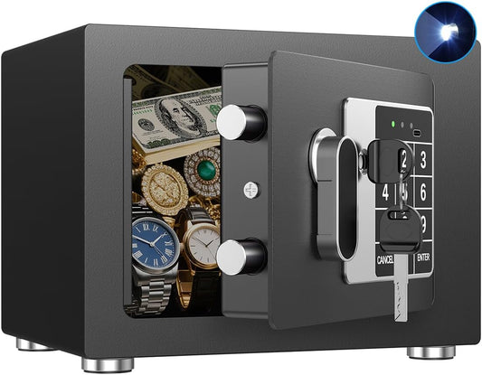 Small Home Safe, 6.7”D x 9”W x 6.7”H, Electronic Keypad Lock Security Box for Cash, Jewelry, Passport, Hidden Safe for Closet, College Dorm Room, Black