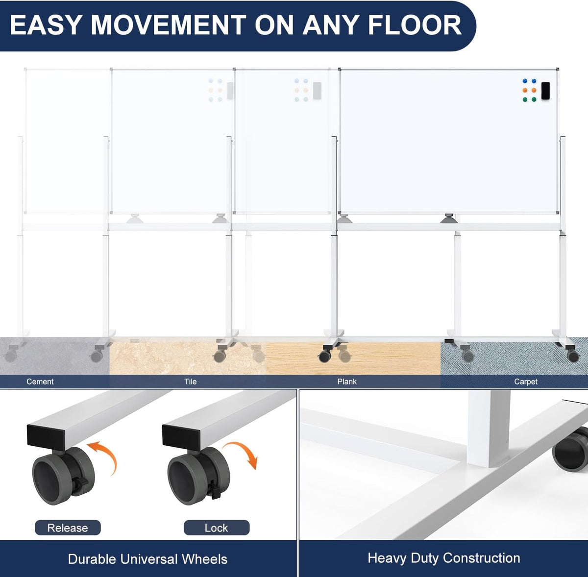 Large Dry-Erase Rolling Magnetic Whiteboard - TSJ OFFICE 48 x 32 Inches Dry Erase Board with Stand Height Adjust Double Sides Mobile White Board Easel on Wheels Office, Home & Classroom