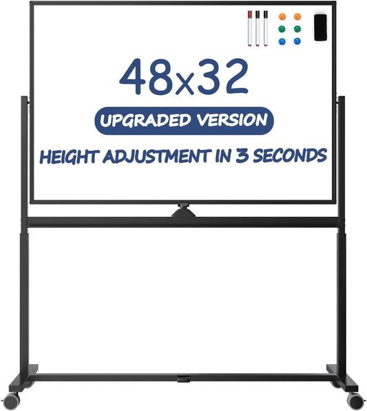 Rolling Whiteboard, 48 x 32 Inches Magnetic White Board with Stand, Double-Sided Large Standing Dry Erase Board on Wheels, Height-Adjustable Mobile Dry Erase Board for Office, Home, Classroom