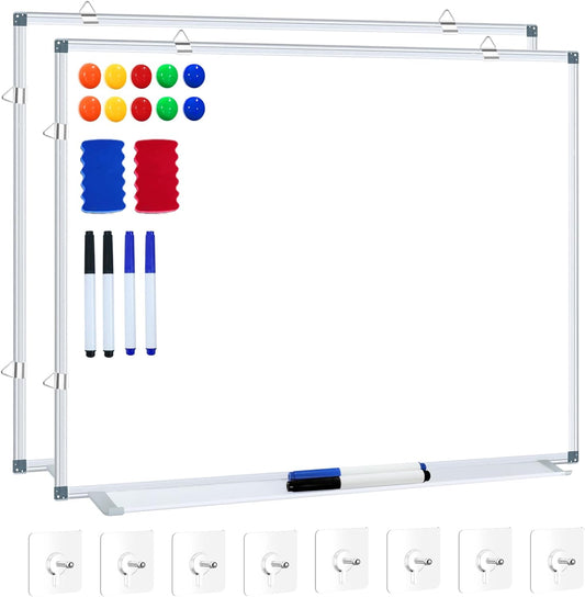 H-Qprobd White Board Dry Erase Whiteboard for Wall 24x18 (2pcs) Magnetic Boards for Office Classroom & Home, Small Wall Whiteboard Including 6 Markers, 10 Magnets, 2 Erasers & 10 Adhesive Hooks