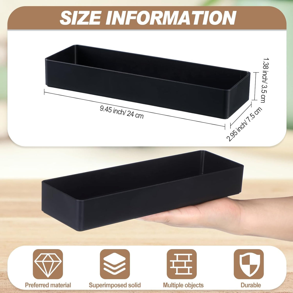 Teling 2 Pcs 4 Piece Large Black Rectangular Desk Organizer Set, Half Accessory Tray, Plastic Tabletop Organizer for Office, Home, or Study, Dimensions: 9.45 x 2.95 x 1.38 Inches