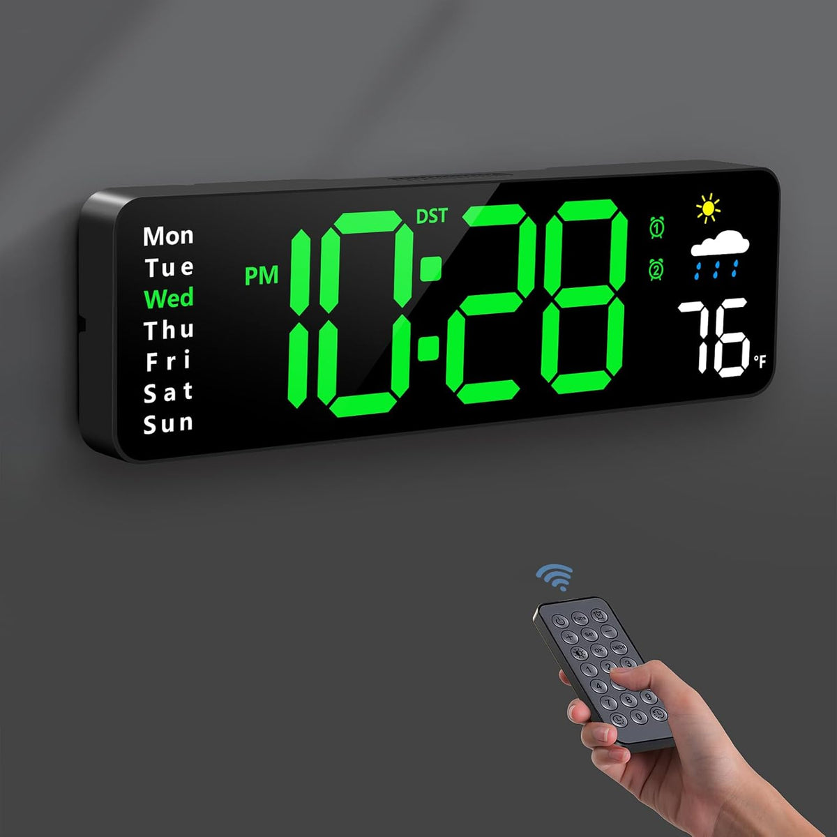 Digital Wall Clock, Digital Clock Large Display with Remote Control, Corded LED Alarm Clocks with Date, Week, Temp, Humidity, Auto DST, Countdown, for Living Room Bedroom Classroom Office (Green)