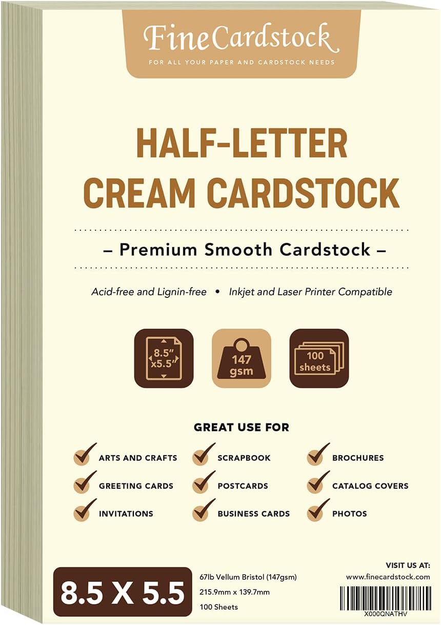 Half Letter Sheets, 8.5 x 5.5" Cream Cardstock for Arts and Crafts, Brochures, Invitations, Stationary Printing, 67lb Vellum Bristol Card Stock – Inkjet or Laser, Thick and Sturdy – 100 per Pack