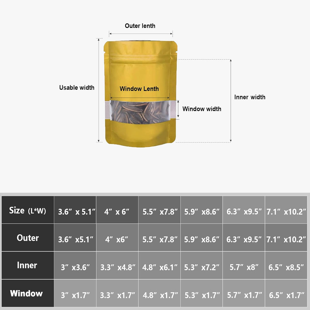 7.1"x10.2" 1 Quart 120pcs Mylar Bags for Food Storage,Smell Proof Bag with Matte Window Resealable Food Storage Bags for Small Business, Stand-up Foil Pouch Packaging Freeze Dried Candy Bag (Gold)