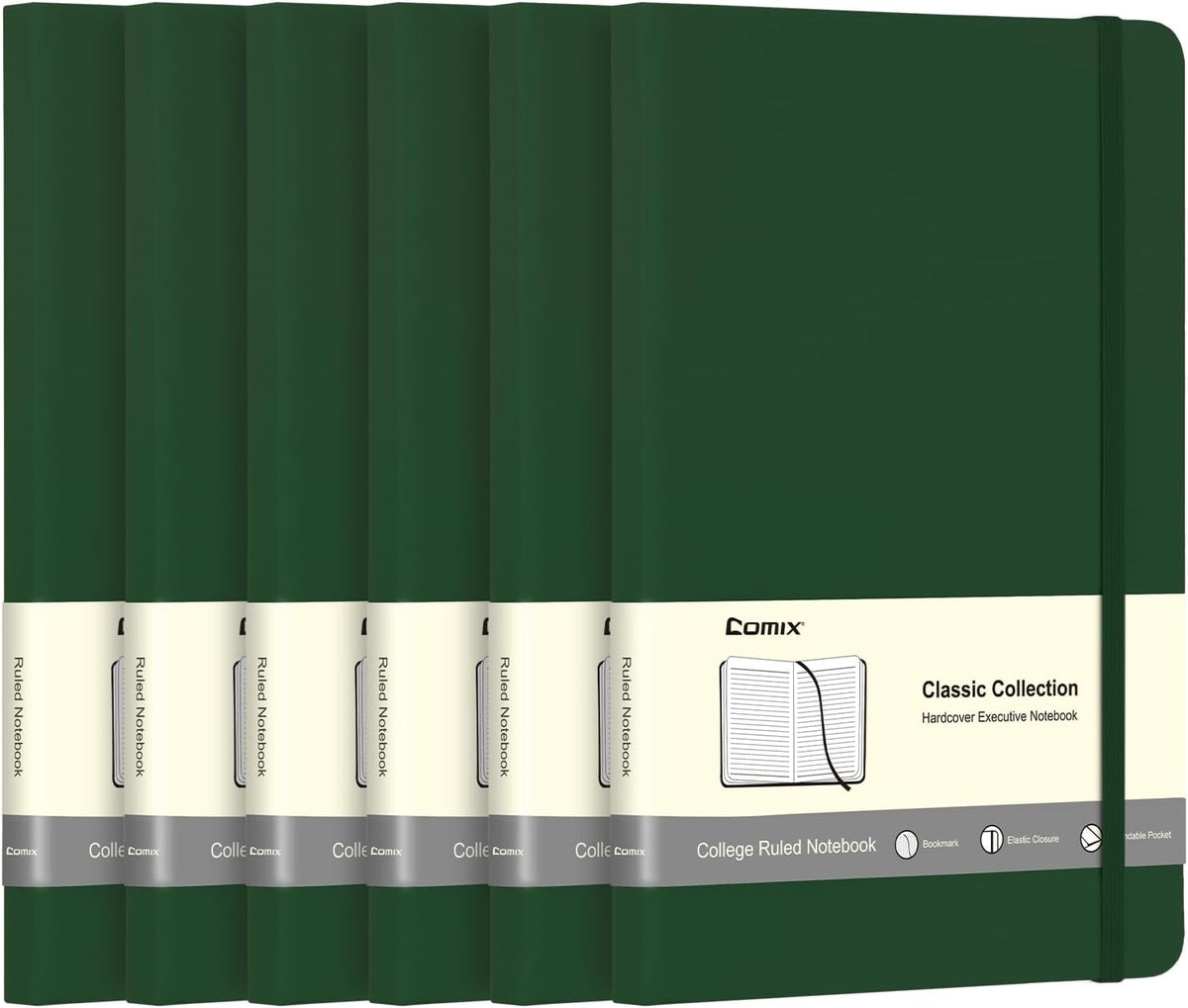Comix 6 Pack Lined Journal Notebooks for Work, 240 Pages, 5.5"x8.3", Dark Green, Hardcover, A5 Medium College Ruled, Journaling Notebooks for Notes-taking, Fits for Office School Home