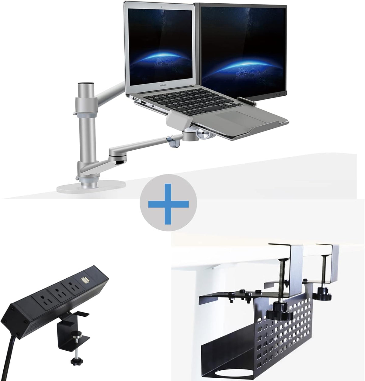 AEONS Premium Monitor Laptop Mount & Under Desk Cable Management Tray Wire Cord Organizer & Desk Clamp Mount PDU, No Drill Computer Computer Cord Raceway and Modesty Panel, Silver & Black