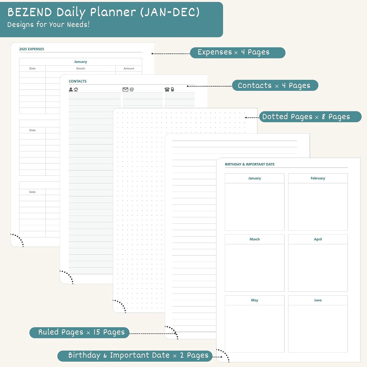 BEZEND Daily Planner 2026 (6" x 8.5") Full Page per Day Even Weekend (Jan-Dec) Monthly Calendar with Tabs, 2 Columns for Dual Schedule with Note, Vegan Leather Hardcover in Lilac