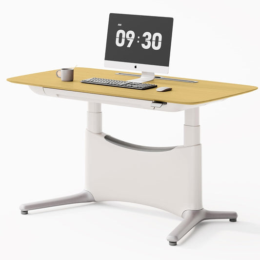 COLAMY Electric Standing Desk, Whole-Piece Gaming Desk with Dual Motors, Ergonomic Footrest, Drawers for Storage, Adjustable Height Sit-Stand Desk for Home Office (Veneer Desktop, Oak + White)