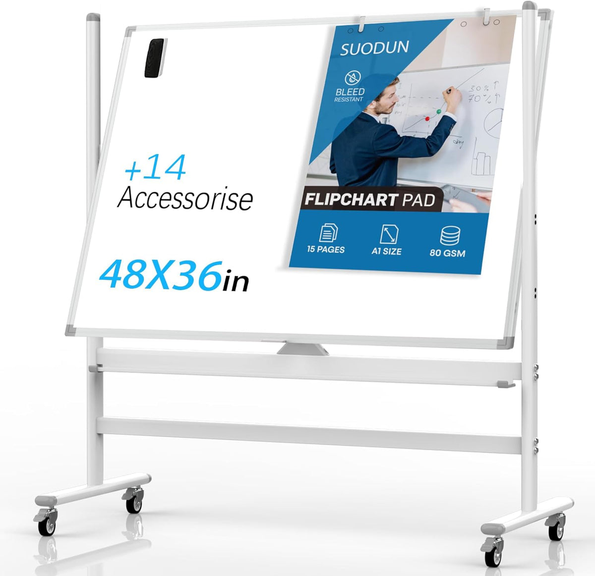 Large Dry Erase Board 48 x 36 Magnetic Non-Foldable Whiteboard with Stand Portable Mobile Rolling Double Sided with Wheels for Office Home Classroom