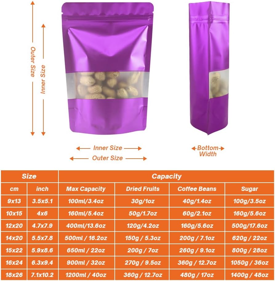4CP 100 Pcs 4.0x6.0 Inch Zipper Smell Proof Bags with Window, Stand Up Foil Pouches for Food Selfsealing Storage, Reusable Bag for Packaging Small Business, Cookies, Nunt, Candy Purple