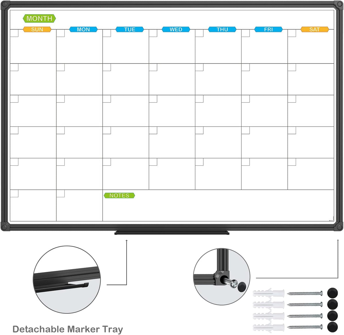 JILoffice Dry Erase Calendar Whiteboard - Magnetic White Board Calendar Monthly 36 X 24 Inch, Black Aluminum Frame Wall Mounted Board for Office Home and School