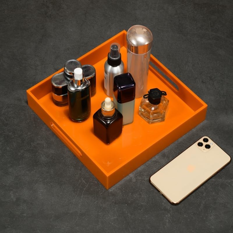 Orange Sturdy Acrylic Serving Tray with Handles-10x10Inch-Serving Coffee,Food,Breakfast,Butler-Kitchen Countertop Tray-Makeup Drawer Organizer-Vanity Table,Ottoman Tray-Decorative Tray
