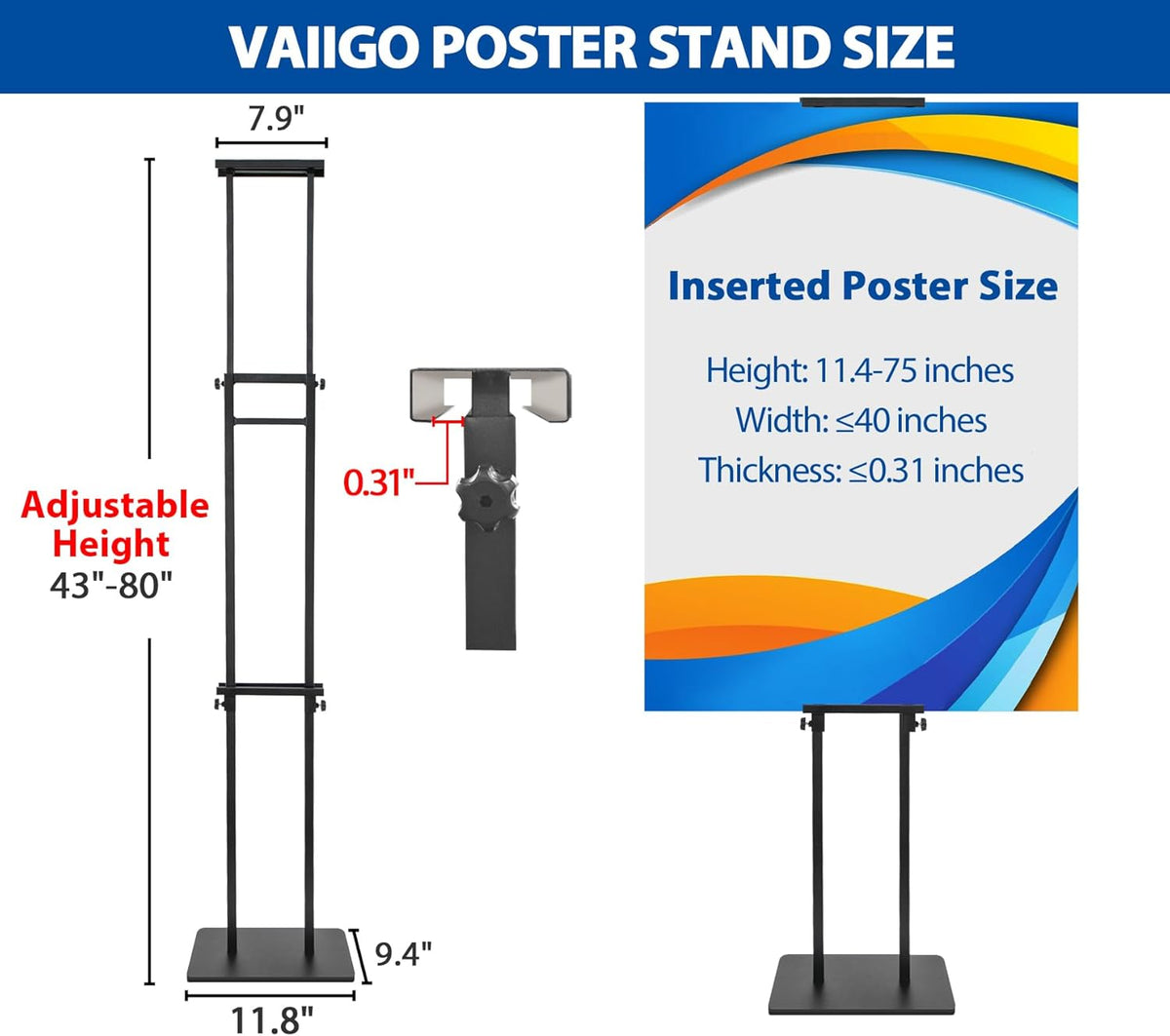 2Pack Poster Stand for Display, Heavy Duty Floor Standing Sign Holder, Double-Sided Poster Board Stand, Adjustable Height Up to 80 inch, Outdoor Banner Stand for Board & Foam Display, Black
