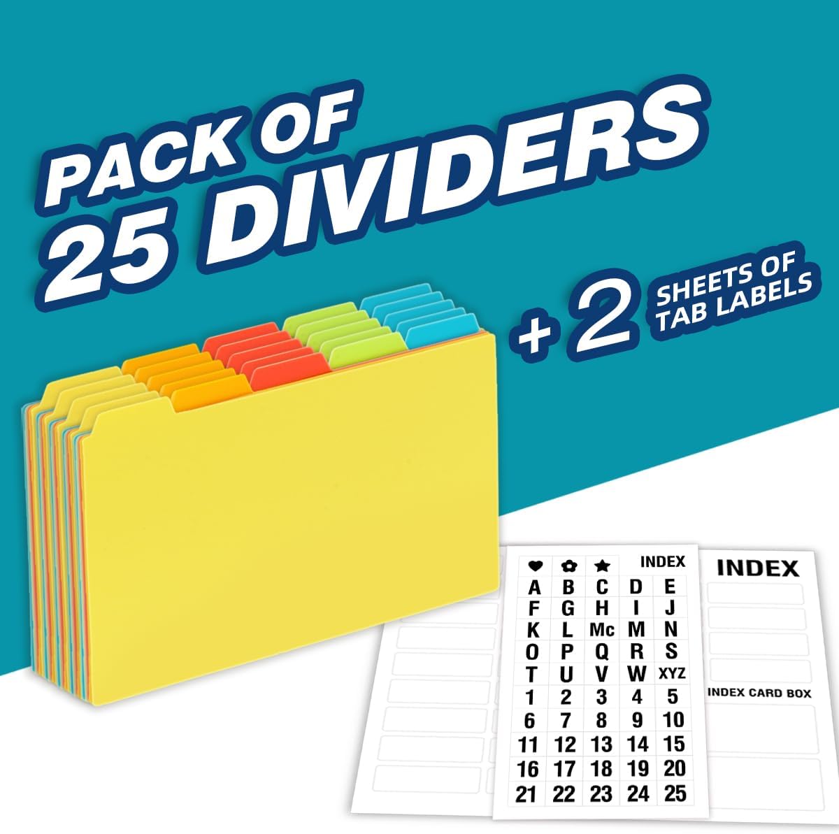 Chell 5x8 Plastic Index Card Dividers, Heavyweight Poly Index Card Guides A-Z for Flash Cards and Recipe Cards, with Alphabetical/Blank Stickers, Pack of 25