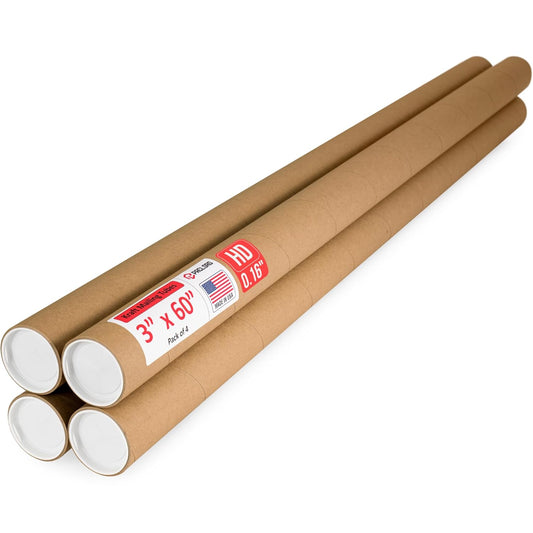 3" x 60" Heavy-Duty Reinforced Cardboard Mailing Tube, Pack of 4 Tubes with 8 Caps – Secure USPS Approved – Great for Shipping and Storing of Prints, Artwork, Posters or Documents