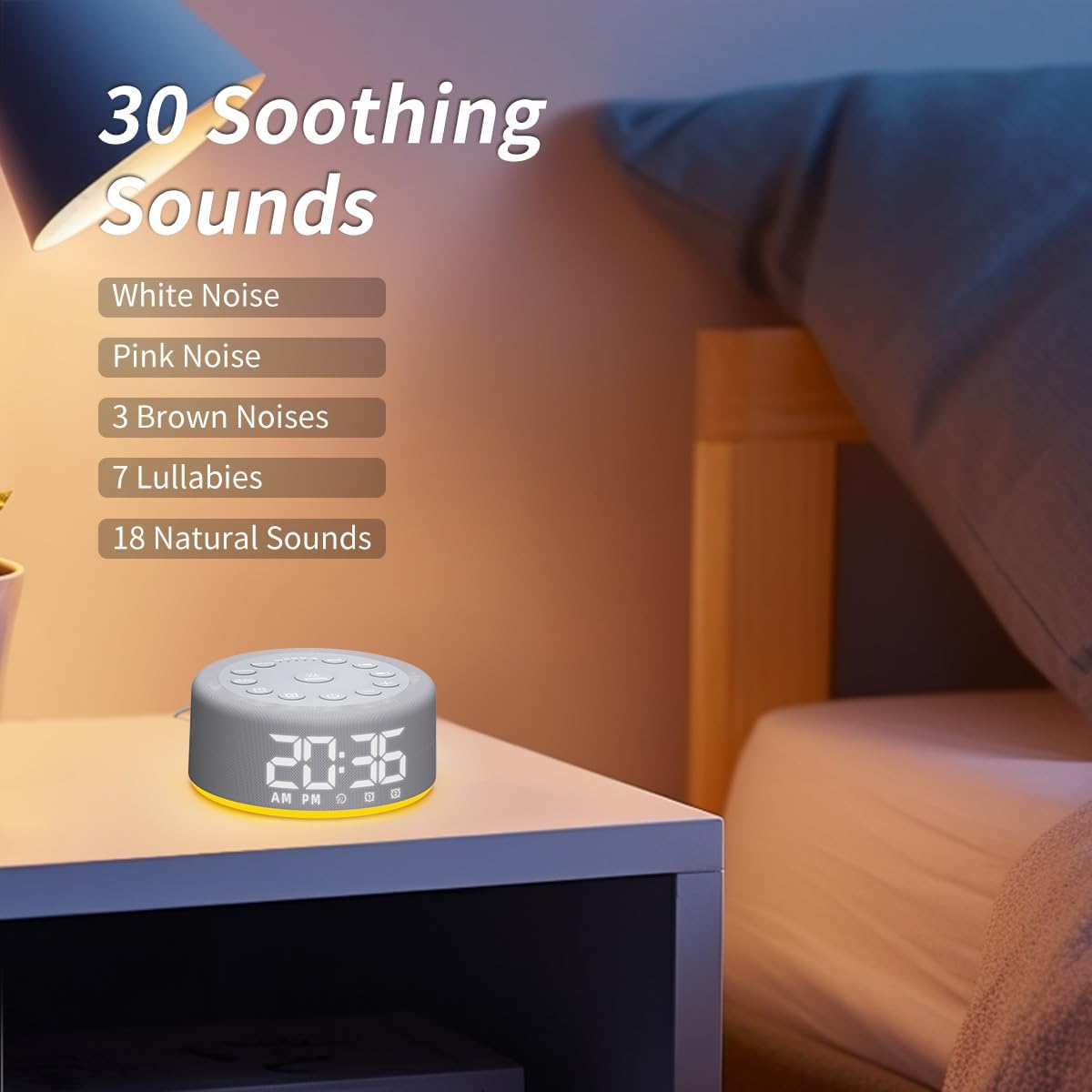 Sound Machine Alarm Clock White Noise Brown Noise Machine Night Light with Dual Alarms Backup Battery 30 Sleeping Sounds for Baby Kids Adults 32 Level Volume 5 Timers 15 Wake Up Sounds Memory Function