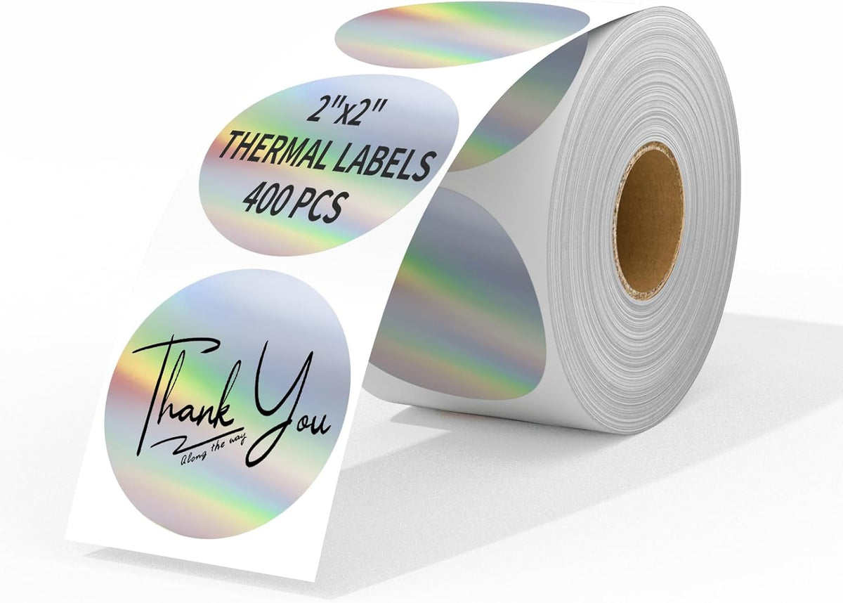 MFLABEL 2" Round Holographic Thermal Labels - 400pcs Silver Waterproof Sticker Roll for Small Business Logo, Compatible with MUNBYN/Rollo/Phomemo (Not for Dymo/Brother)