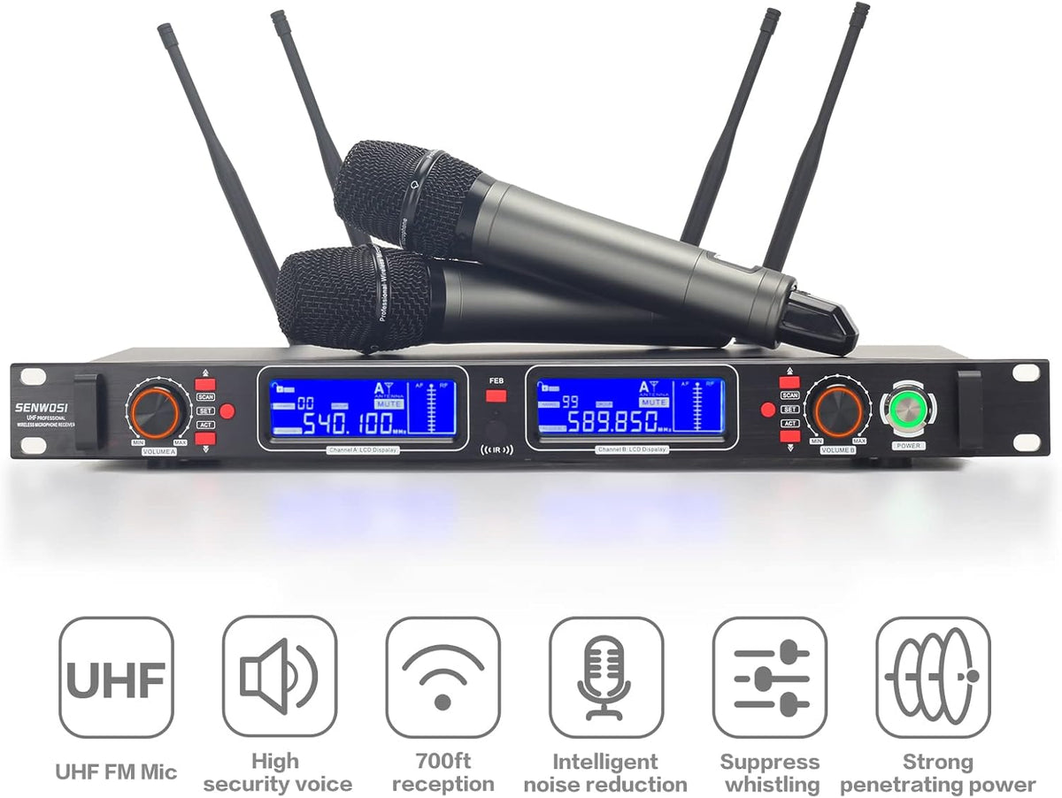 Profession Wireless Microphone System, UHF Handheld Dual Cordless Mic True Diversity Metal Microphones Set, 700ft Range, 2x100 Channels, Auto Scan, Mics for Stage/Studio/Singing/Church