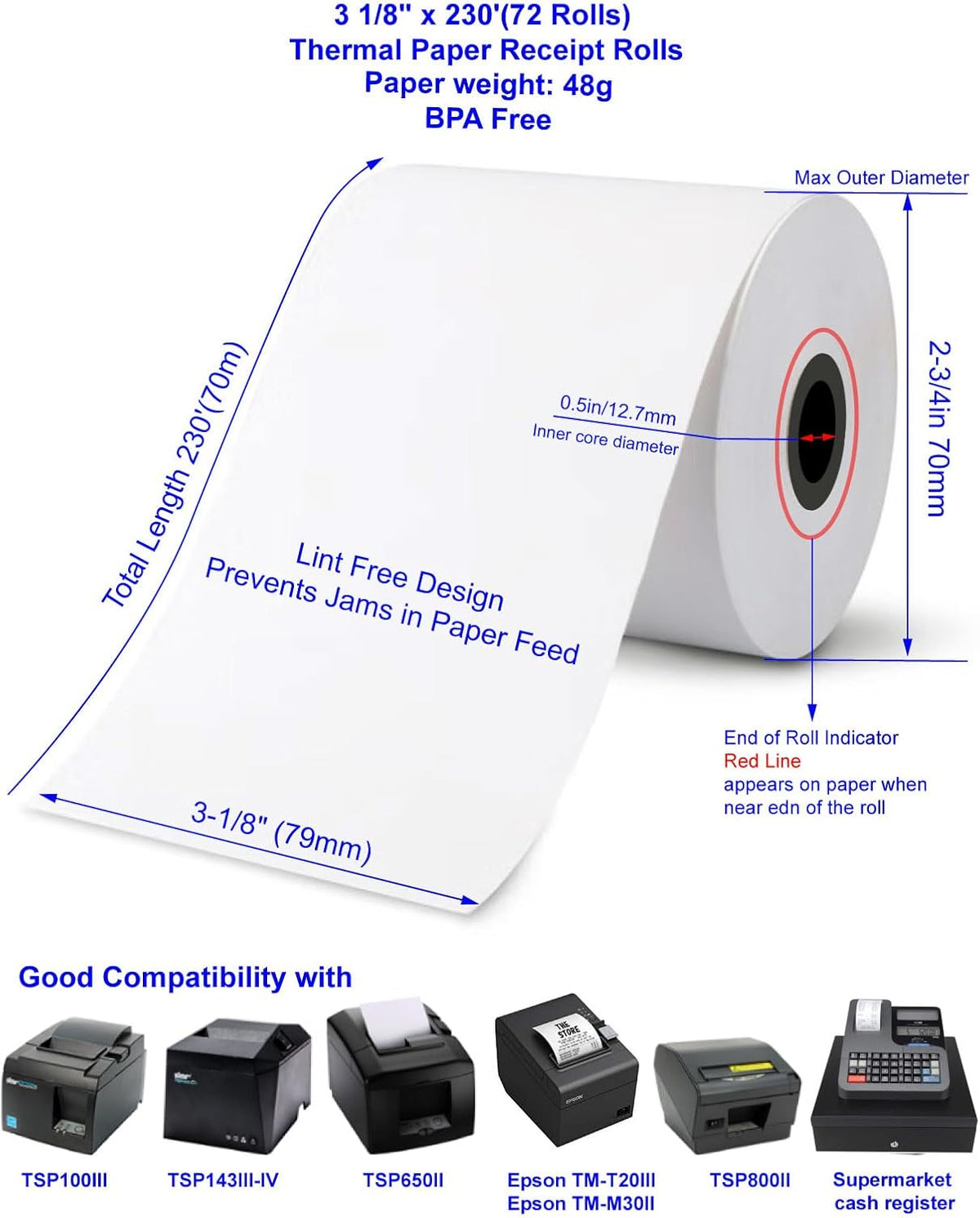 (72 Rolls) 3 1/8 x 230 Thermal Paper Receipt Rolls Fits All POS Cash Registers Compatible with Star TSP100III TSP143IV TSP650II TSP800II MC-Print3 3000LABELS DIRECT