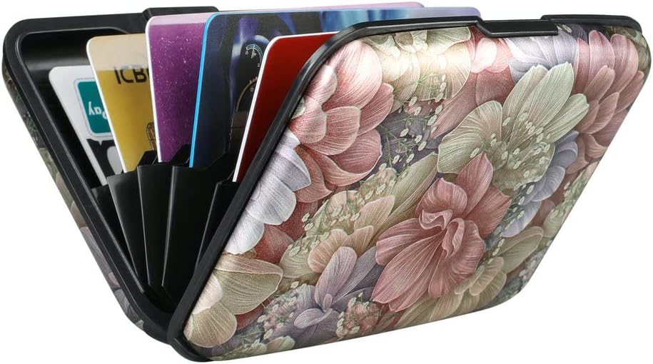 ELFISH Mini RFID Aluminum Wallet Credit Cards Holder Business Card Case Metal ID Case for Men Women（Happy Flower