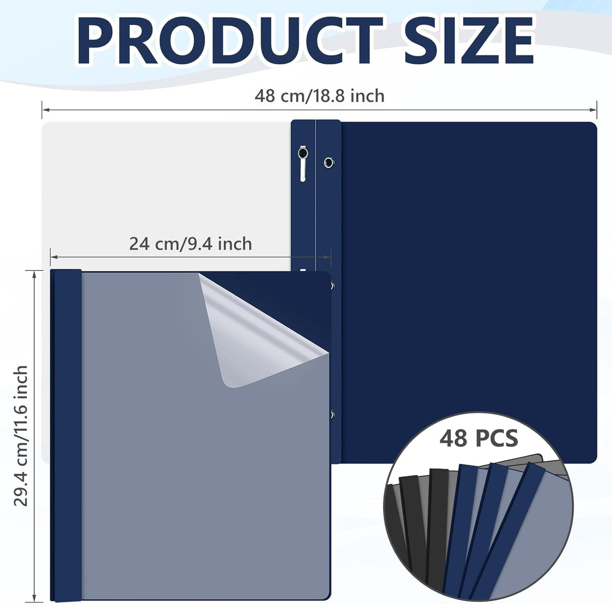 48 Pack Plastic Report Covers with 3 Prongs Presentation Folders Bulk, 100 Sheet Capacity, Clear Front Report Covers for Presentation Document Paper School Office Supplies (Blue,Black)