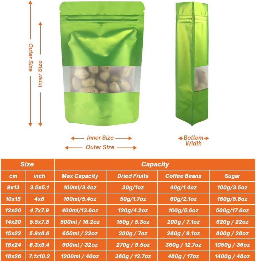 4CP 100 Pcs Green Zipper Smell Proof Bags with Window, 7.0x10.5 Inch Stand Up Foil Pouches for Food Selfsealing Storage, Reusable Bag for Packaging Small Business, Cookies, Nunt, Candy