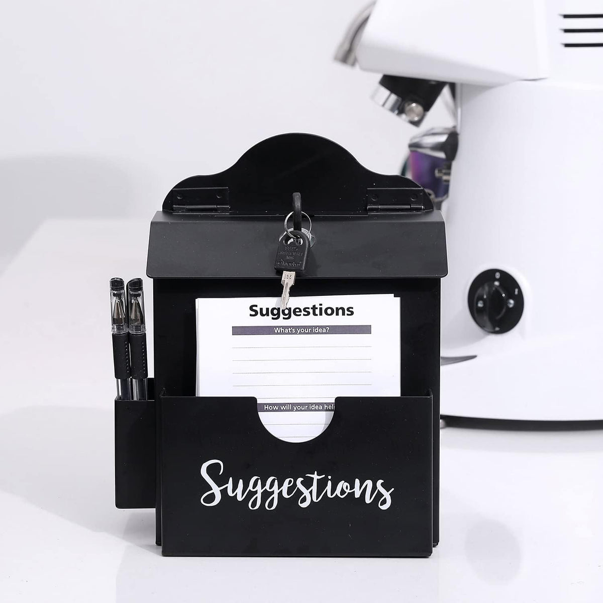 MyGift Classic Matte Black Metal Suggestion Box with Cursive Suggestions Lettering, Wall Mounted or Tabletop Comment Box with Lock, Keys, Paper Sheet and Pen Holder Slots