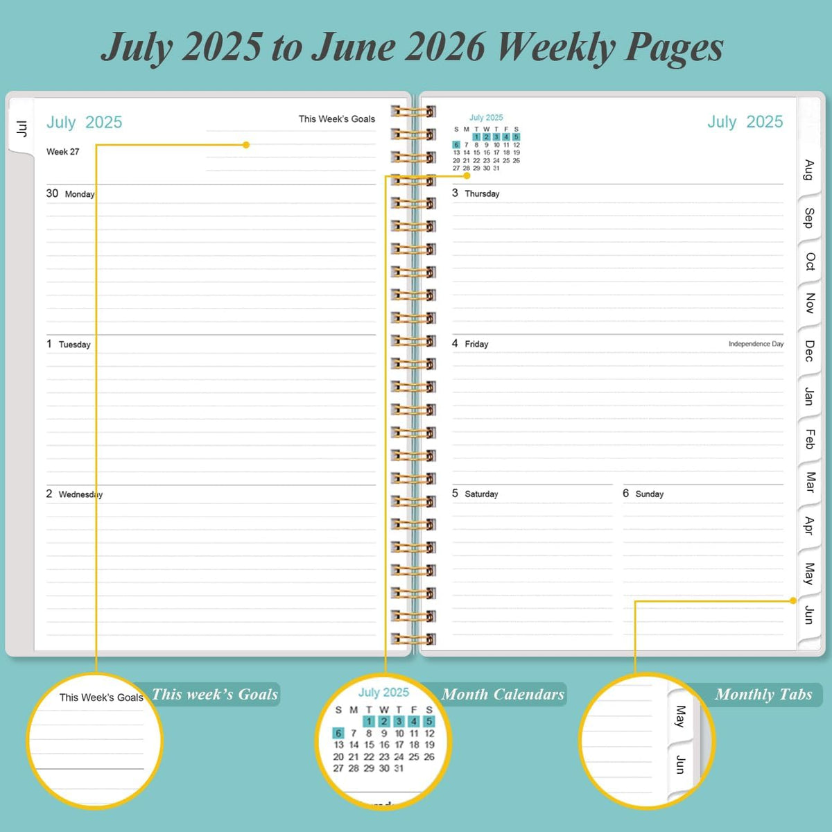 Planner 2025-2026 - July 2025 - June 2026, Academic Planner 2025-2026 with Flexible Cover, Tabs, Inner Pocket, Spiral Bound, 6.4" x 8.5", Teal Flowers