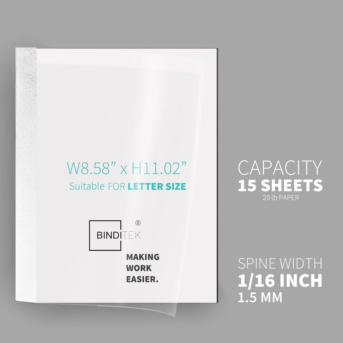 Binditek 10 Pack Thermal Binding Presentation Covers, 1/16 Inch Spine, Holds 15 Sheets, Ultra Clear Front Cover, White Paper Back Cover, Letter Size, for Students and Coworkers