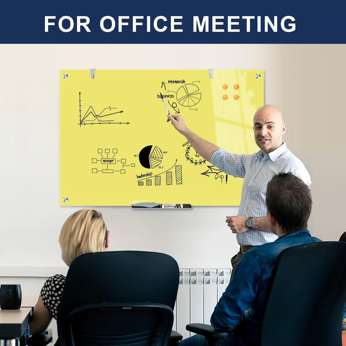 TSJ OFFICE Glass Dry-Erase Board - 36 x 24 Inches Wall Mounted Magnetic Whiteboard, Large Frameless Glass White Board for Office, Home & School, Yellow
