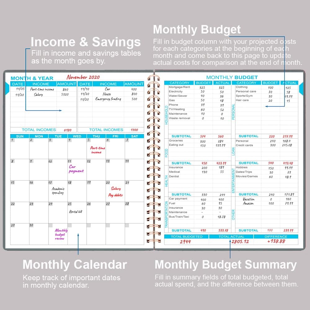 Budget Planner - 8" x 9.5" Monthly Budget Book with Expense Tracker Notebook, 2023-2024 Budgeting Book and Financial Planner to Control Your Money. Large Size, PU Leather, Grey