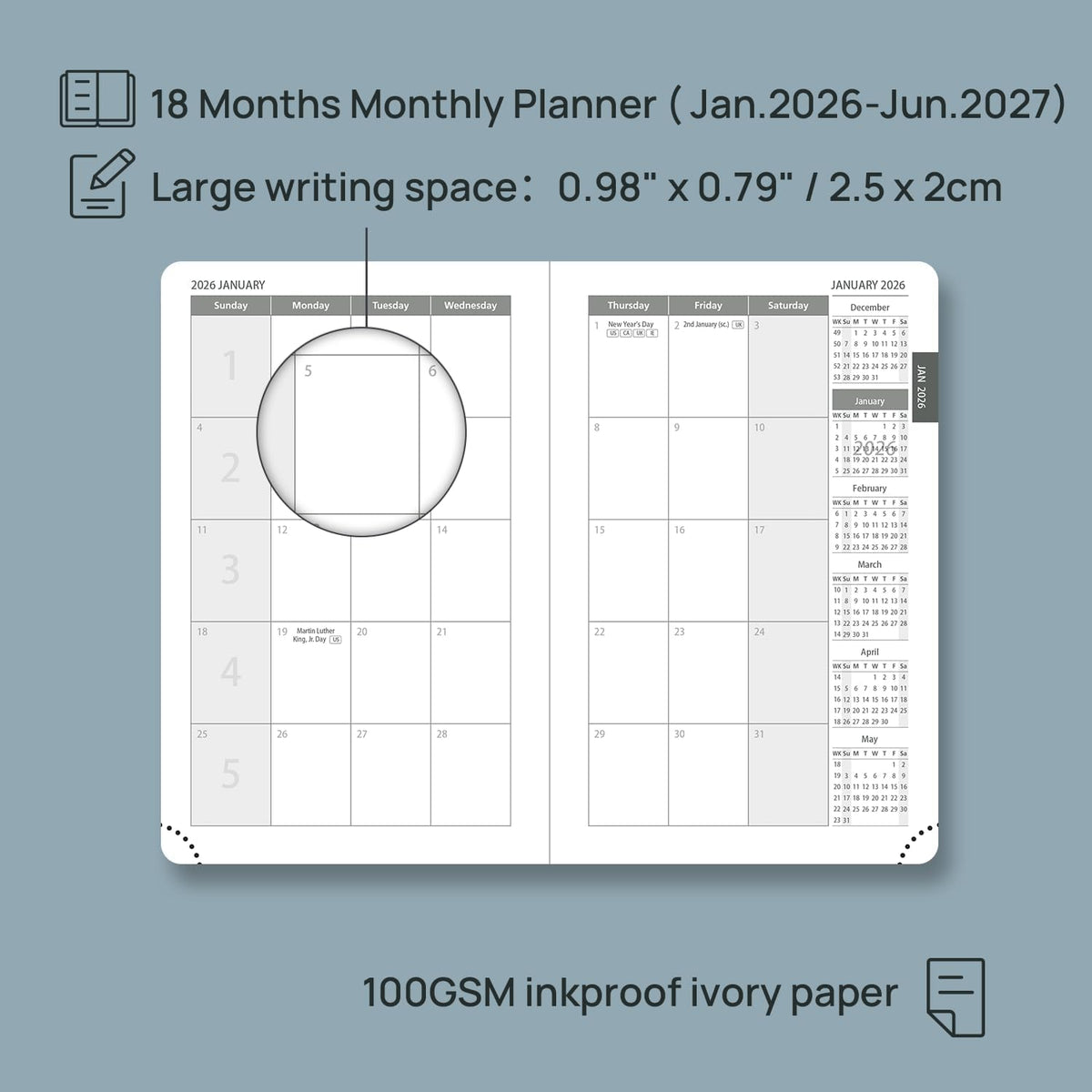 POPRUN Pocket Monthly Planner 2026-2027 (Pocket- 4''x 6.25'' Soft Leather Cover) - 18 Month Calendar Book for Purse (Jan.2026 - Jun. 2027), 100 GSM Thick Paper - Blue