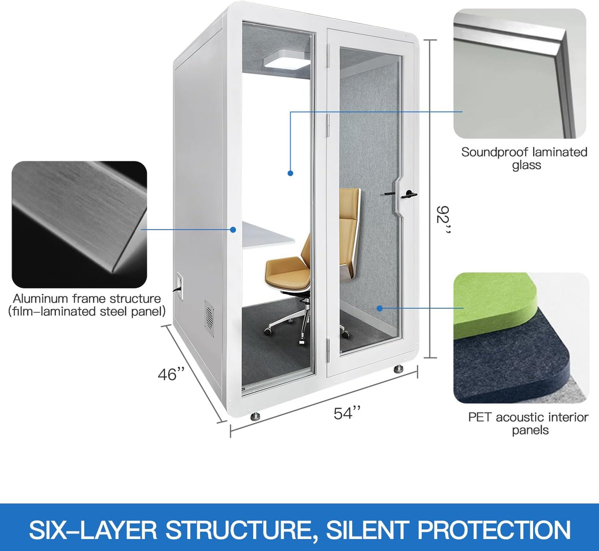 Soundproof Office Pod Booth, Quiet Meeting Pod with Acoustic Panels, Mobile Focus Room, Privacy Silent Booth for Private Phone Calling, 1-2 Person Workspace with Sound Isolation W55in D48in H92in