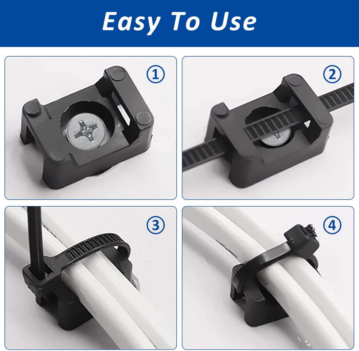 Cable Zip Tie Mounts Kit - 120 Set Wire Cable Clips Organizer Holders with 8" Cable Ties, Saddle Type Mounts Base and Tapping Screw, Black