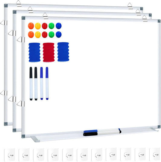 H-Qprobd White Board Dry Erase Whiteboard for Wall 24x18 (3pcs) Magnetic Boards for Office Classroom & Home, Small Wall Whiteboard Including 6 Markers, 10 Magnets, 2 Erasers & 15 Adhesive Hooks