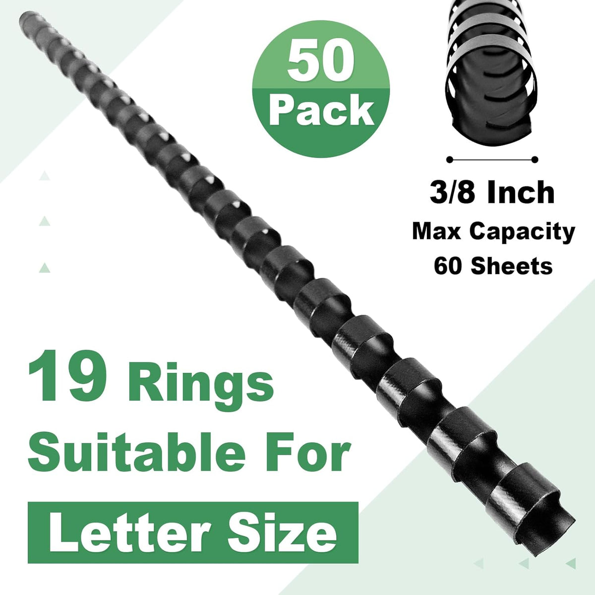 HOUYEE 3/8 Inch Plastic Binding Comb 19 Ring, 60 Sheet Capacity, Letter Size Black Comb Binding Spines (50 Pack)