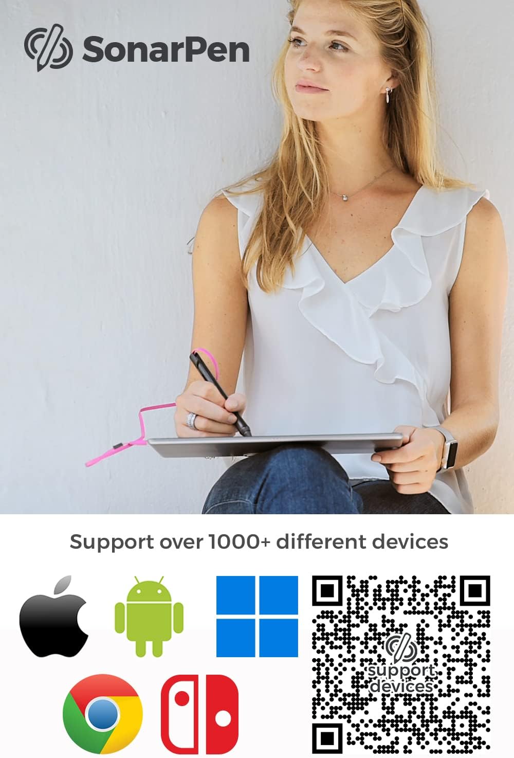 SonarPen: Pressure Sensitive Stylus Pen, with Palm Rejection and Shortcut Button. Battery-Less. Compatible with Apple iPad/iPhone/Android/Switch/Chromebook (Dirty Pink)