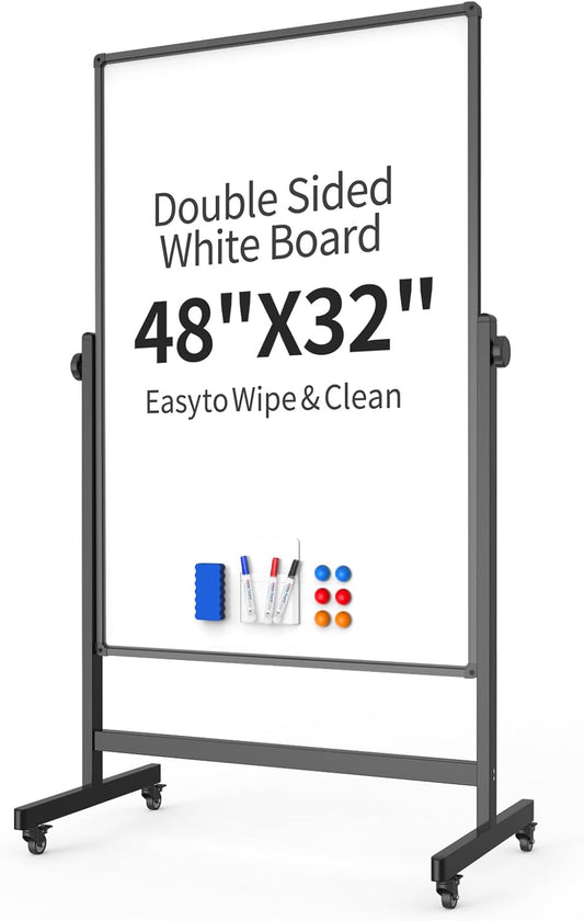 48x32inches Mobile Whiteboard - Adjustable Height, Standing Whiteboard on Wheels, Double-Sided Magnetic Dry Erase Board for Office, Home, Classroom